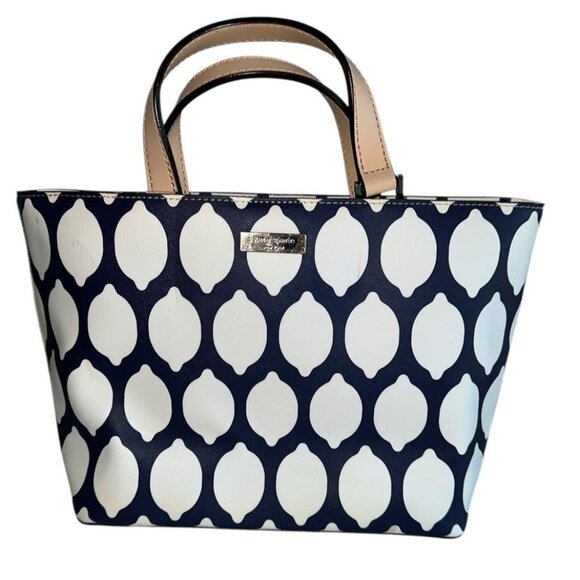 Kate Spade Juno Grant Street Grainy Vinyl Small Tote Navy White Lemons - Picture 1 of 15